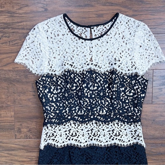 MILLY • Gabrielle Dress color block lace two tone sheath black white cocktail - Picture 5 of 14